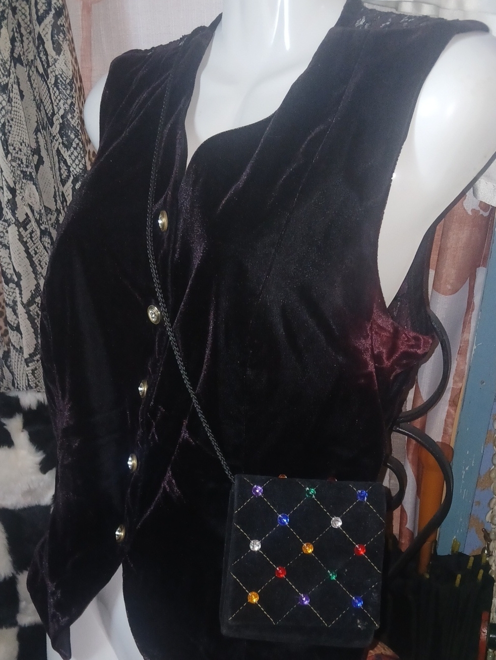 90s Vintage Mischeif Makers Black Velvet Bag W/ Multicolor Gem Embellishments